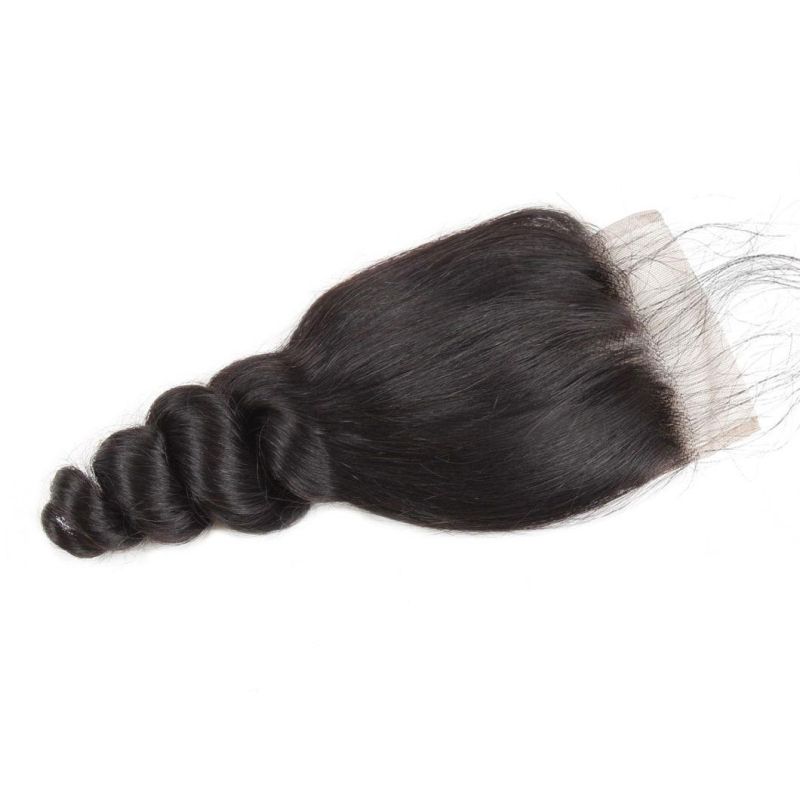 7A Virgin 4*4 Non-Remy Lace Frontal Closure Loose Wavy Free Part Hair Weave #Black