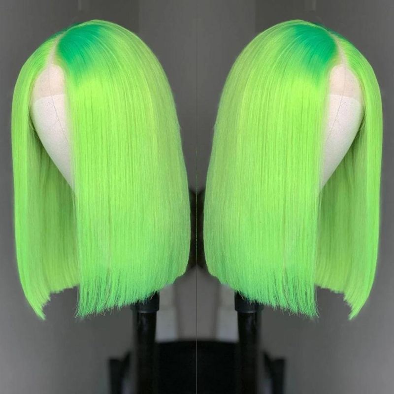 Lace Part Short Green Human Hair Wigs Straight and Deep Wave Middle Wig for Black Women Pre Plucked with Baby Hair 13X4X1 Lace 12 Inches