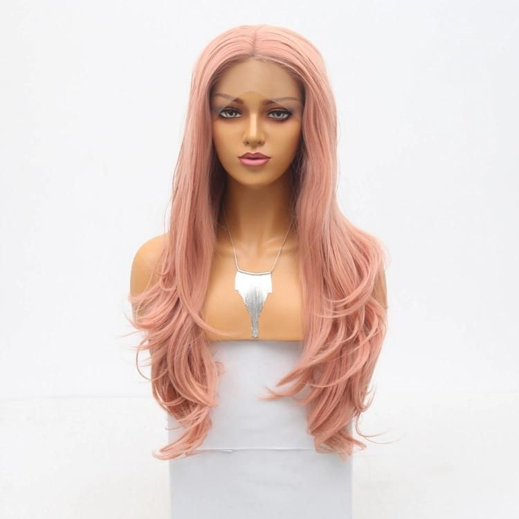 China Wig Synthetic Fiber Lace Frontal Long Natural Wavy Pink Hair Wig
