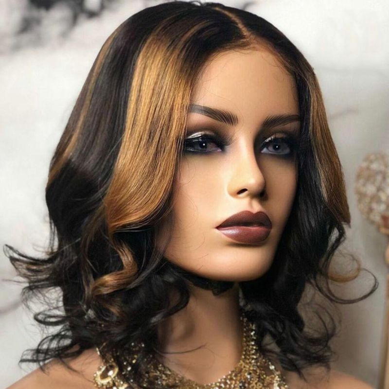 T Part Lace Brazilian Remy Human Hair Wigs Hightlight Color Loose Wave Bob Wig with Pre Plucked Hairline