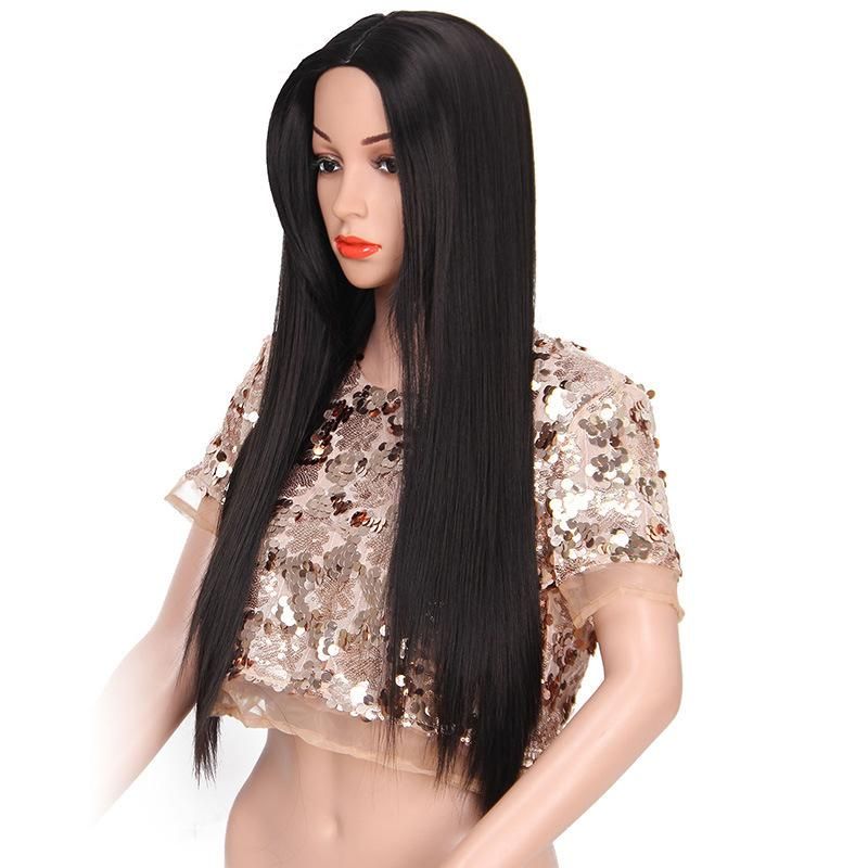 Women′ S Long Straight Hair Wigs Synthetic Middle Part Black Wig Black Color 24inch