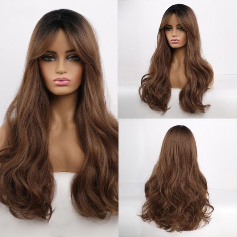 Long Natural Wave Brazilian Wig Black Light Brown Ombre Lace Front Hair Wig with Closure Bangs for Black White Women Daily Use Fluffy Wigs 22 Inch