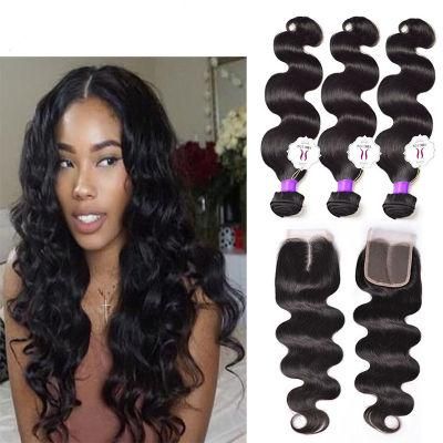 Factory Supply Brazilian Body Wave Lace Closure Middle Part 4 PCS Human Hair Bundles with Closure Swiss Lace Remy Hair Extension