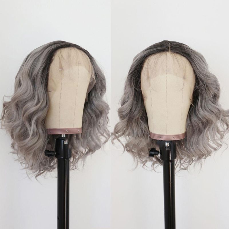 Short Bob Ombre Glueless Lace Front Wigs 1b/Gray Wavy Style Heat Resistant Fiber Synthetic Hair Wig