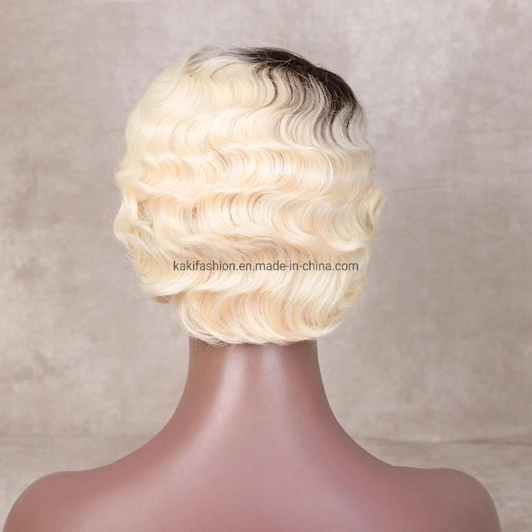 Short Pixie Cut Finger Wave Ombre 613 Blonde Wig with Bangs for Black Women Synthetic Hair Wigs