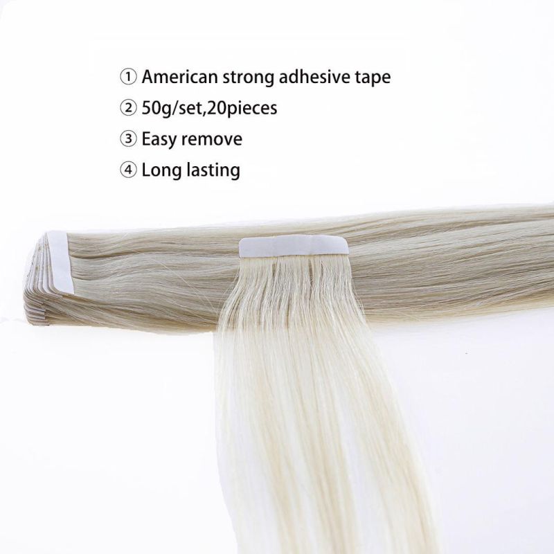 Hair for Fashion Women Tape in Human Hair Extensions #60 Platinum Blonde 100% Remy Silky Straight 40 PCS/Package 22inch 100g