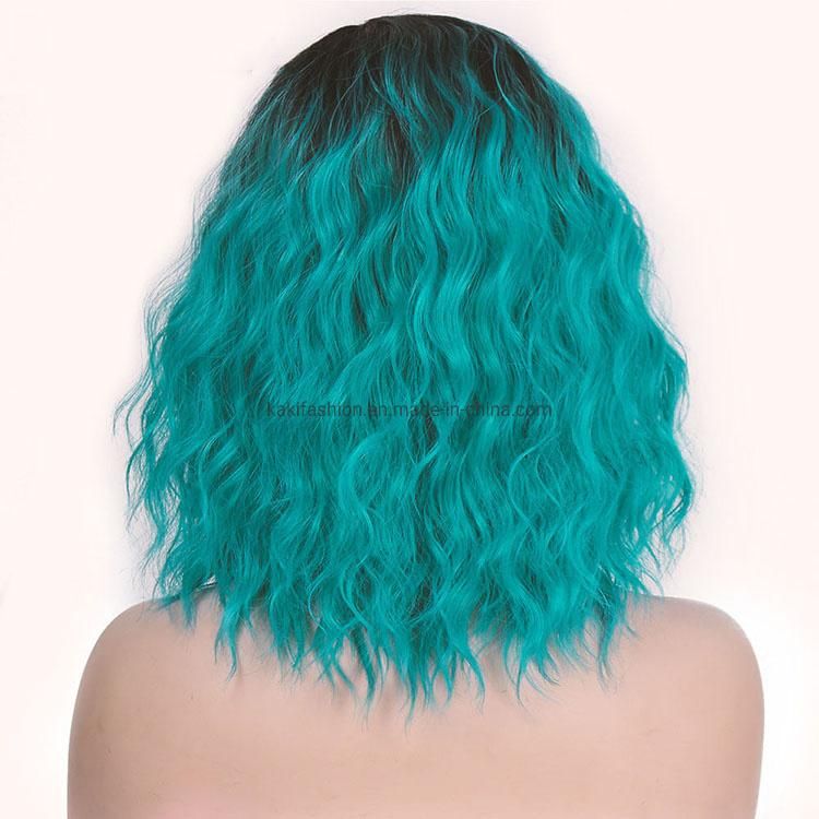Kakiifashion Hair Natural Wave Short Bob Wigs Ombre Blue Synthetic Cosplay Wigs for Women