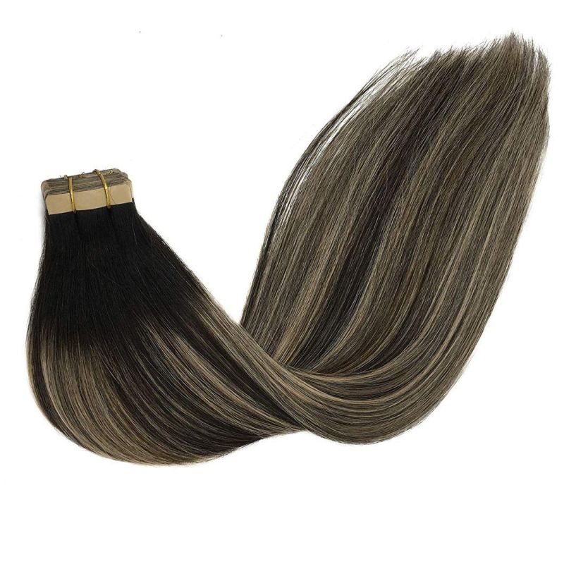 20 Inch Tape in Hair Extensions Human Hair Balayage Natural Black to Light Blonde Color Real Hair Extensions 20PCS 50g Straight Tape in Hair Extensions