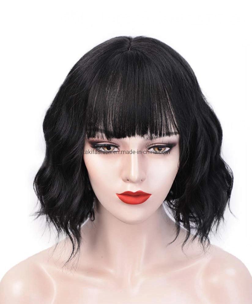 Kakifahion Hair Short Bob Black Wig with Neat Bangs Body Wave Heat Resistant Synthetic Fiber Wigs