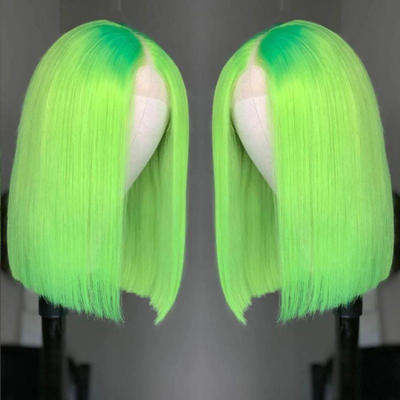 Lace Part Short Green Human Hair Wigs Straight and Deep Wave Middle Wig for Black Women Pre Plucked with Baby Hair 13X4X1 Lace 10 Inches