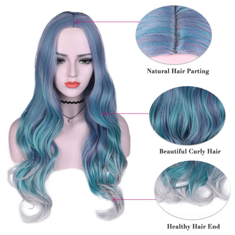 Mixed Violet Blue Green Light Gray Color Heat Resistant Fiber Long Wavy Synthetic Wigs for Women Middle Part Wig 28 Inches