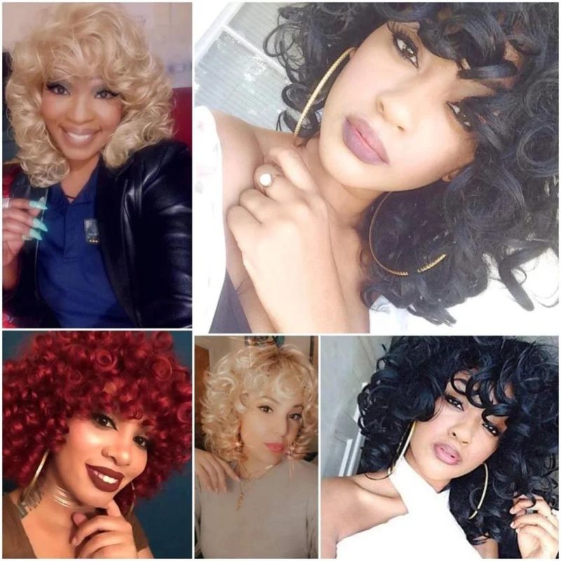 Wholesale Price Human Hair Short Hair Afro Curly Wig with Bangs Loose Fluffy Shoulder Length Natural Lace Front Brazilian Hair Wigs for Black Women 14 Inches