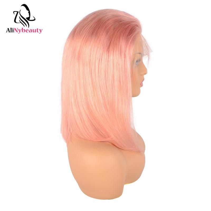 New Style Short Straight Bob Pink Human Hair Lace Wig