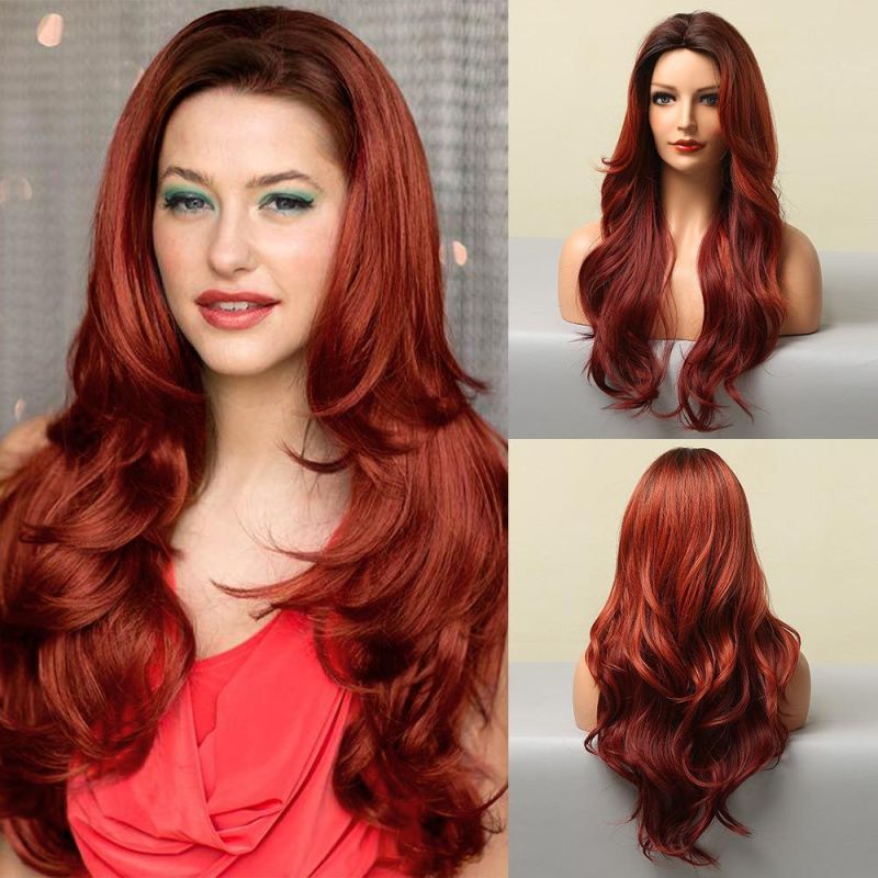 Freeshipping Long Wavy Gradient Red Synthetic Wigs for Women Heat Resistant Natural Middle Part Cosplay Party Lolita Hair Wigs Dropshipping Wholesale