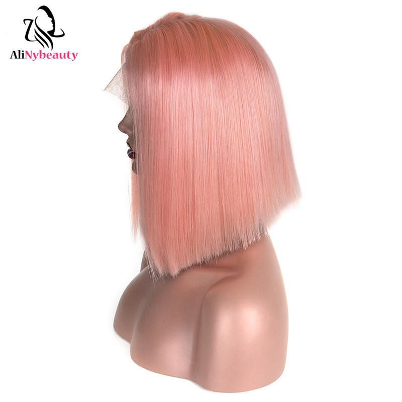 New Style Short Straight Bob Pink Human Hair Lace Wig