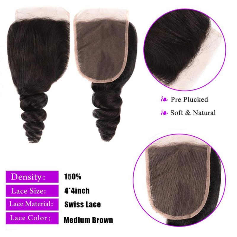 Loose Wave 3 Bundles with Lace Closure 100% Unprocessed Virgin Human Hair Bundles Free Part Natural Color