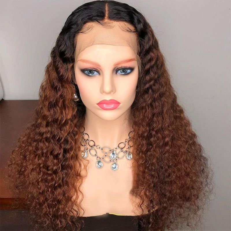 Factory Price Water Curly Deep Wave Remy Hair Color 1b/30 Human Hair Pre Plucked Ombre Highlight Lace Frontal Wig