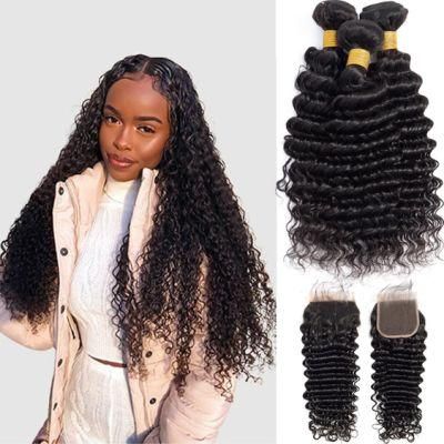 Deep Wave Bundles with Closure 3 Bundles with Closure Remy Human Hair Wavy Bundles for Women Natural Color