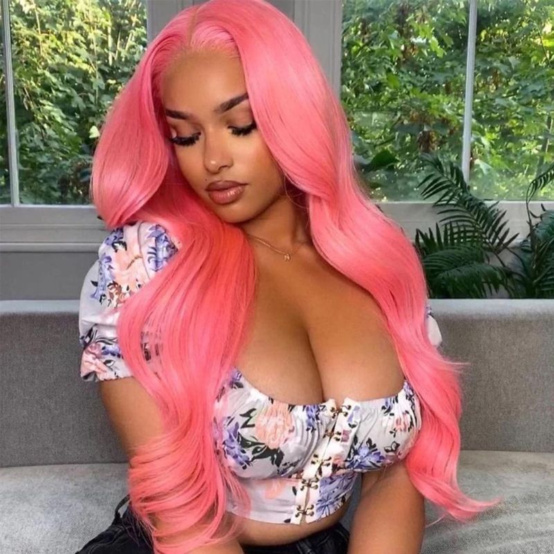 Pink Wig Body Wave Colored Brazilian Human Hair Wigs for Black Women HD Transparent Lace Part Wig 24 Inches