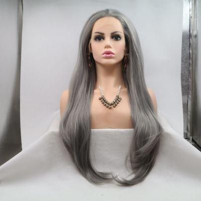 Long Inch Synthetic Hair Lace Front Wigs 150 Density Gray Europran Wig