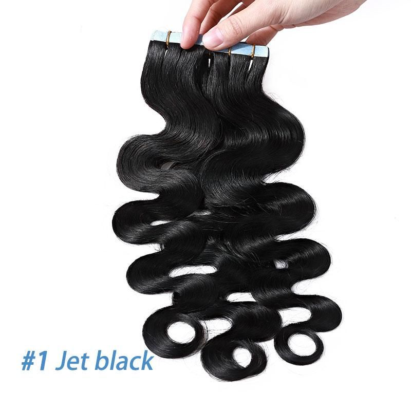 12"-24" 2.5g/PC Remy Human Hair Body Wave Tape in Hair Extensions Adhesive Seamless Hair Weft Blonde Hair 20PC (#1 Jet black)