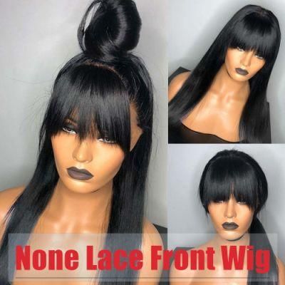 Straight Human Hair Wigs with Bangs 130% Density None Lace Front Wigs Glueless Machine Made Wigs for Black Women Natural Color (20inch)