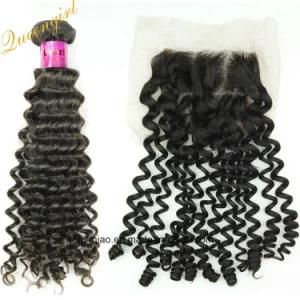 4*4 Top Lace Virgin Deep Curly Wave Brazilian Human Hair Weave with Closure