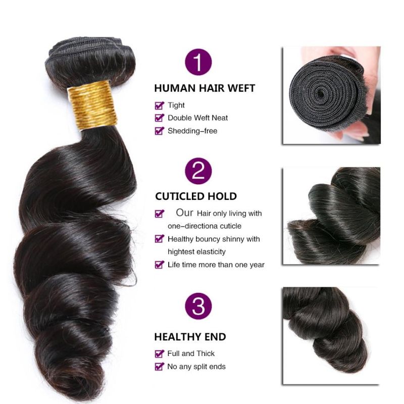 Human Hair Loose Wave Bundles with Closure Brazilian Hair Weave Bundles with Swiss HD Transparent Lace Closure with Bundles with Frontal Natural Black