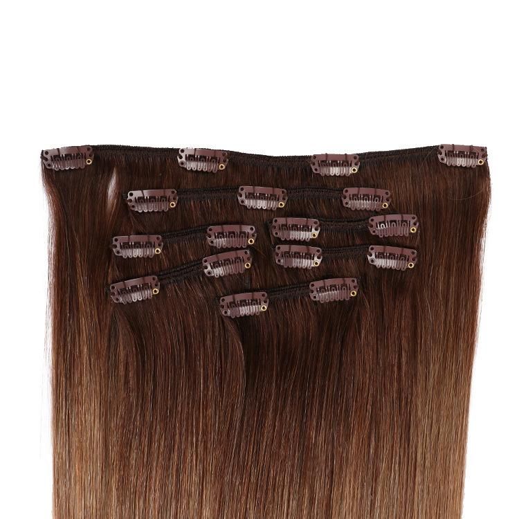 Double Drawn Piano Color Russian Hair Seamless PU Skin Weft Clip in Hair Extension #T4/12