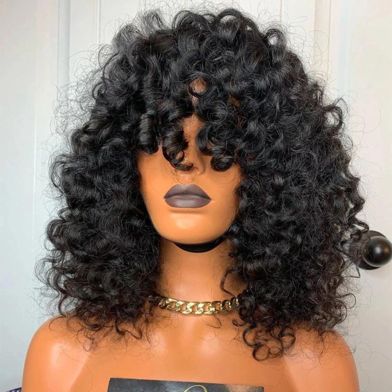 Hot Beauty 12A Grade Funmi Super Double Drawn Pixie Cut Short Wigs with Bangs Human Hair Brazilian Rose Curl Fringe Wig Vendors