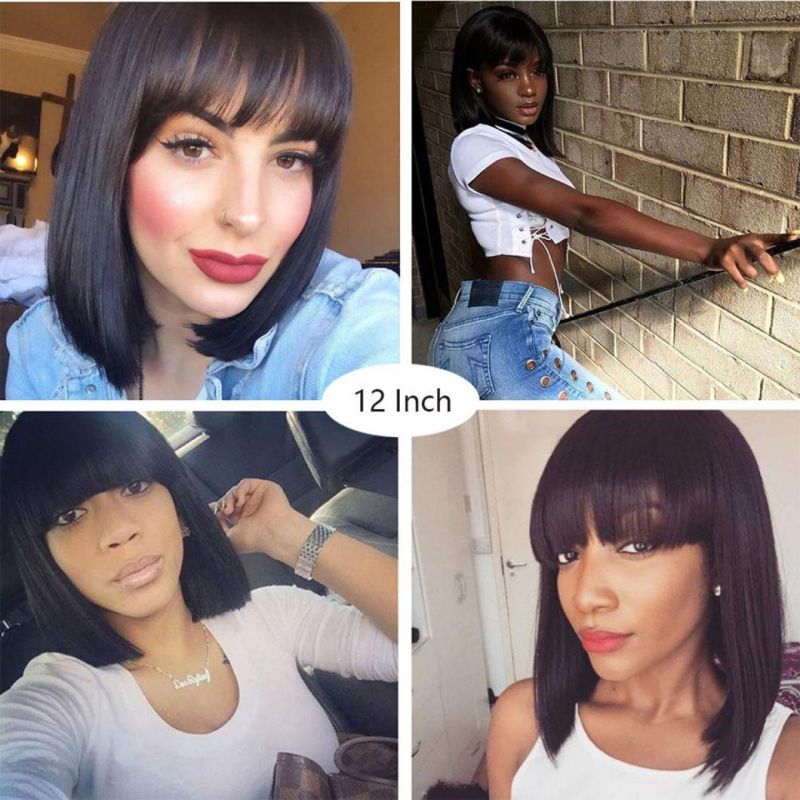 Short Bob Wigs with Bangs Brazilian Straight Human Hair Wigs Lace Front 4X4 Wigs Human Hair 150% Density Bob Wigs for Black Women Natural Color 12 Inches