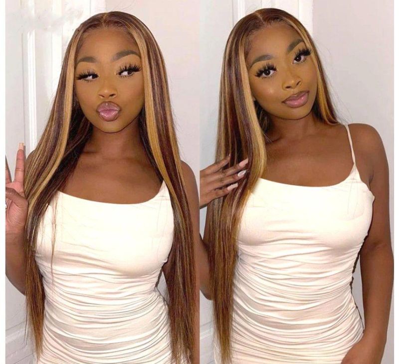 Freeshipping 13*4 150% 16 Inches Human Hair Straight Highlight Wig Blonde Wigs Colored Lace Front Wig for Women Piano Color Wigs Dropshipping Wholesale
