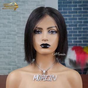 Morein Brazilian Natural Black Bob Lace Wig with Bangs 100% Virgin Silk Straight Lace Wig Human Hair