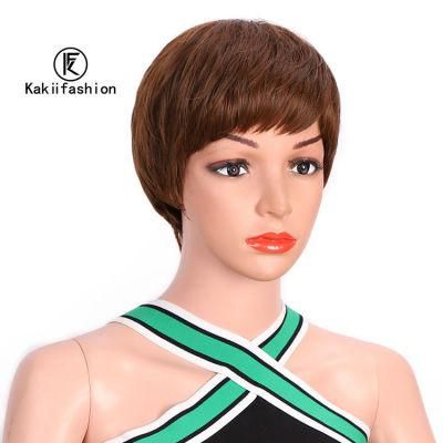 Kakiifashion Hair Vendor Wholesale Short Pixie Cut Curly Wave Brown Synthetic Wig with Bangs for Black Women