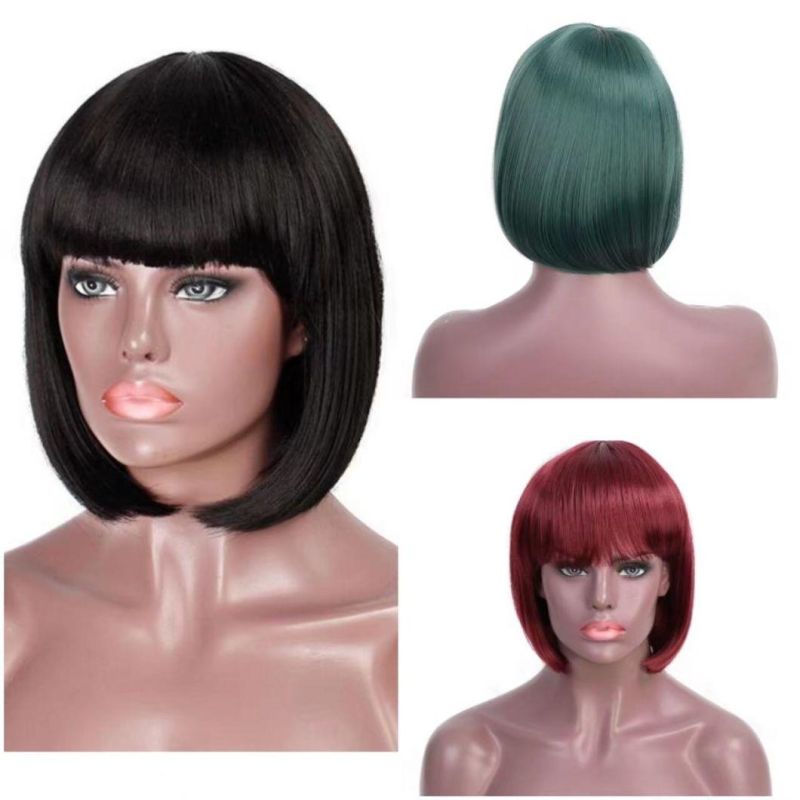12 Inch Cheap Green Color Bobo Wig with Bangs Heat Resistant Synthetic Short Straight Wig for Black Women