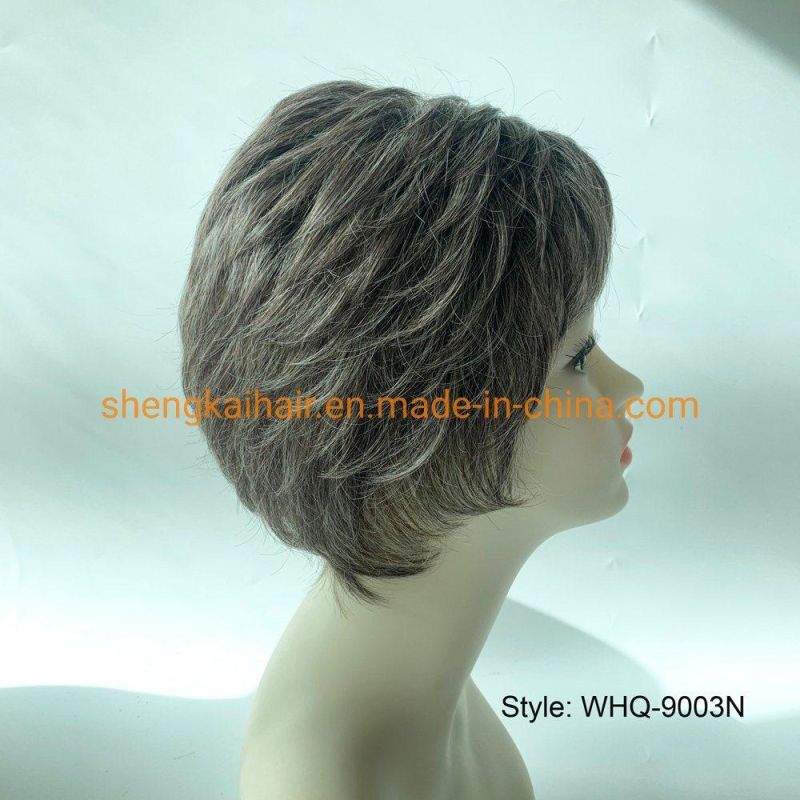 Wholes Good Quality Handtied Human Hair Synthetic Hair Mix Short Grey Wigs for Older Ladies 578