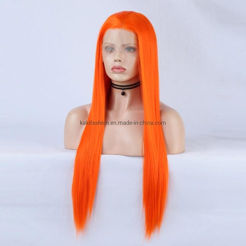 Orange Synthetic Fiber Front Lace Long Straight Hair Matte High Temperature Resistant Wig