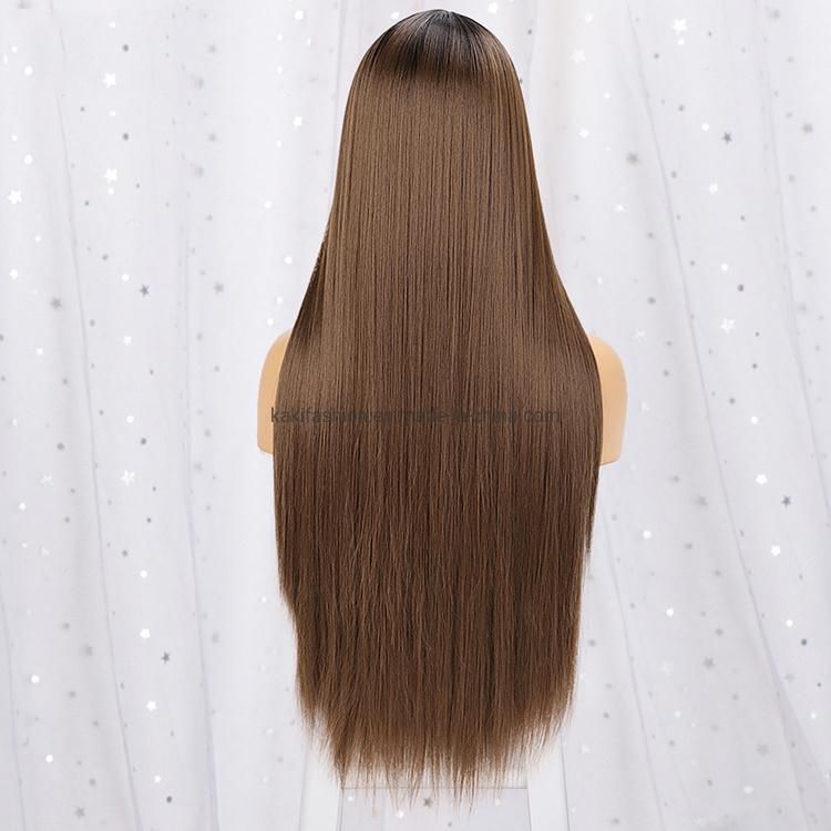 Cheap Long Silky Straight Wave Ombre Brown Middle Part Lace Front Synthetic Hair Wigs