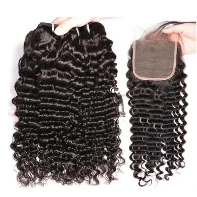 Brazilian Wholesale Human Hair 3 Bundles with 4X4 HD Lace Closure Deep Wave 10A Closures Natural Black Color Chinese Hair Vendors