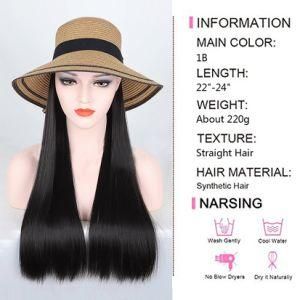 Viviabella Straw Hat with Hair Extensions Natural Black Straight Synthetic Wig Hat for Women (L(Head Circum: 22.6&quot;-23.6&quot;))