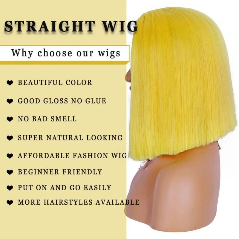 Yellow Bob Wigs with Bangs 10 Inch Yellow Straight Wig for Women Shoulder Length Girl′s Synthetic Colorful Hair for Halloween Costume Cosplay Wear