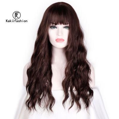 26 Inch Vendor Cheap Wholesale Curly Water Wave Brown Wig with Bangs for Black Women Synthetic Hair Wigs