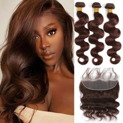 #4 Body Wave Bundles with Lace Frontal Closure Brown Pre Colored Brazilian Body Wave 3/4 Human Hair Bundles with Lace Frontal Closure Remy Hair