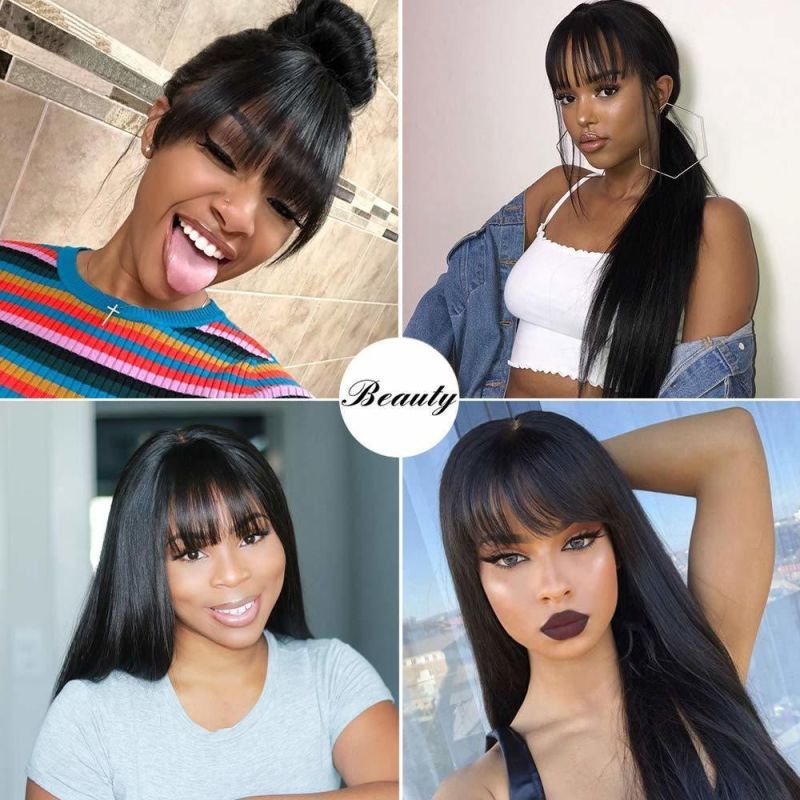 Silky Brazilian Virgin Straight Wigs with Bangs 130% Density None Lace Front Wigs Glueless Machine Made Wigs for Black Women Natural Color