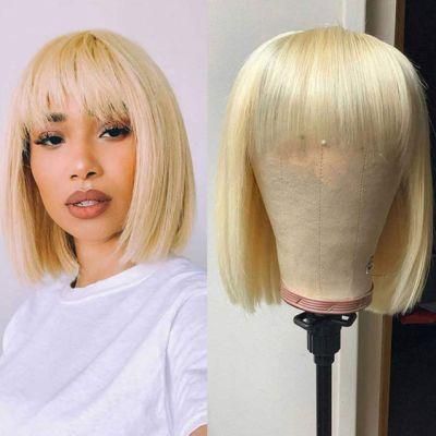 Blonde Bob Wig with Bangs Brazilian Human Hair Wig Short Colored Brazilian Human Hair Wig for Black Women 150% Density Lace Front 12 Inch