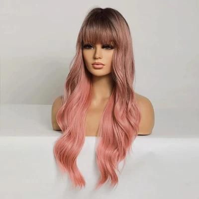Pink Wig with Bangs 26 Inch Long Wavy Synthetic Wig Pink Color Wigs