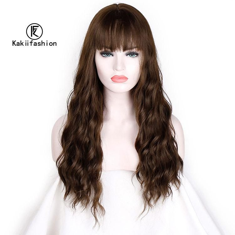 Long Wavy Wigs for Black Women African American Synthetic Hair Brown Wigs with Bangs Heat Resistant Wig