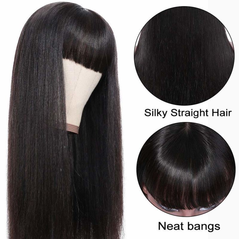 Silky Brazilian Virgin Straight Wigs with Bangs 130% Density None Lace Front Wigs Glueless Machine Made Wigs for Black Women Natural Color