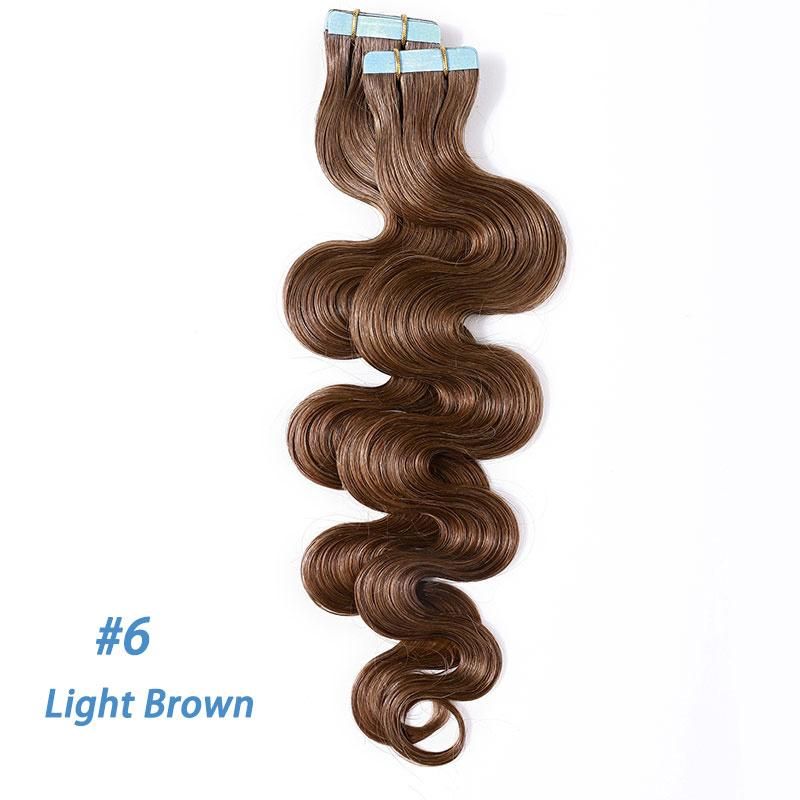 12"-24" 2.5g/PC Remy Human Hair Body Wave Tape in Hair Extensions Adhesive Seamless Hair Weft Blonde Hair 20PC (#6 Light Brown)