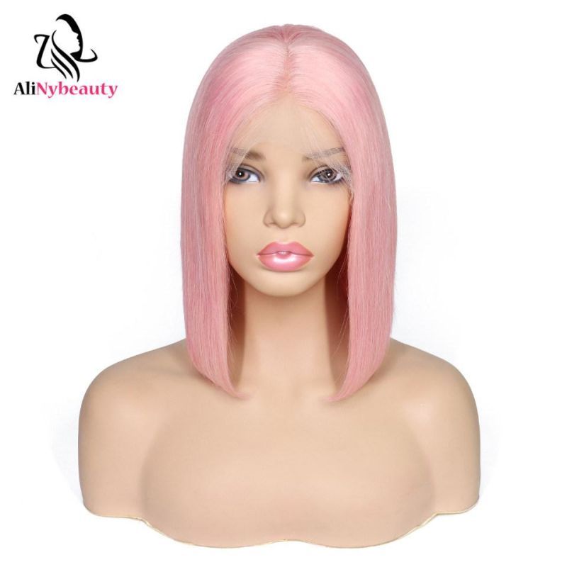 New Style Short Straight Bob Pink Human Hair Lace Wig